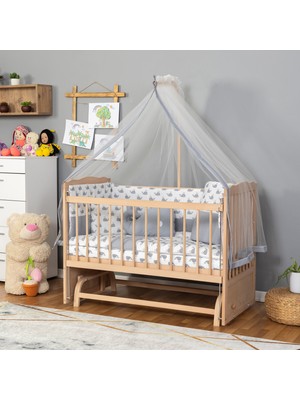 Ahşap Beşik Anne Yanı Beşik Organik (Boyasız) 60X120 - Gri Balina Uyku Seti Yatak