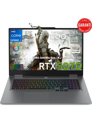 Lenovo LOQ 17IRX10 Intel Core I7-14700HX 32GB 1TB SSD Geforce RTX 5070 8GB (115W) 17.3" FHD IPS Panel 165Hz Freedos Taşınabilir Bilgisayar 83JH00BCTR