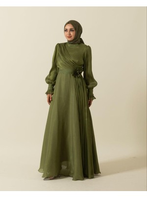 3067 Stilife Kol Pilise Kuşak Güllü Elbise