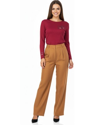 Oppland Kadın Badi Bluz Gofre Kumaş Resim Nakışlı Likralı Yuvarlak Yaka Uzun Kollu Normal Kesim