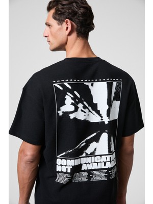 Grimelange CREST Erkek Göğsü Ve Sırtı Baskılı %100 Organik Pamuk Oversize Fit Bisiklet Yaka Siyah T-Shirt