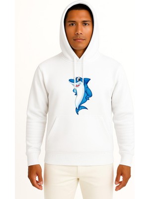 Bahriyeli Collection Kapüşonlu Great White Shark Bull Shark Göğüs Tasarımlı Unisex Sweatshirt