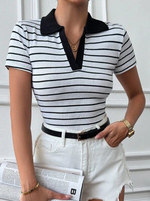 Fantastik Store Polo Yaka Garnili Bluz Beyazsiyah