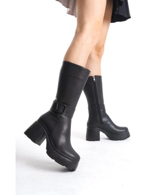 Kahsen Store Moki Siyah Cilt Topuklu Çizme