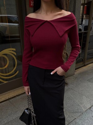 Fantastik Store Kelebek Yaka Uzun Kol Bluz Bordo