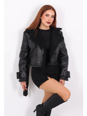 Fantastik Store Kürklü Suni Deri Kemerli Siyah Kadın Kısa Mont T1256