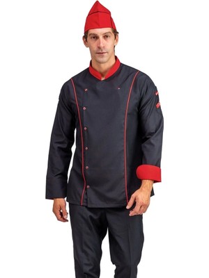 Erkek Aşçı Ceket 01 - Siyah Kırmızı Biye