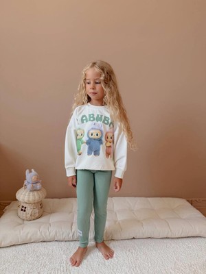 Rapapa Kız Çocuk Baskılı Ekru Sweatshirt Yeşil Taytlı Kız Çocuk Takımı - 2’li Set 4023