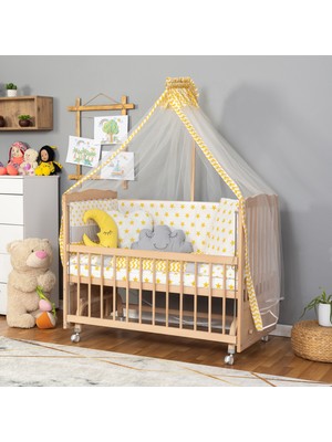 Ahşap Beşik Anne Yanı Beşik Organik (Boyasız) 60X120 - Sarı Yıldız Uyku Seti Yatak Tekerlekli