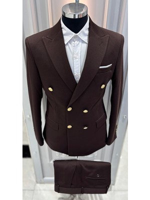 Sabri Zengin Erkek Slim Fit Kruvaze Takım Elbise Kahverengi Modern Tasarım Düz Desenli