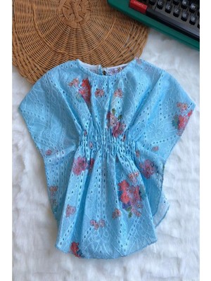 Dinamik çocuk Kız Çocuk Beli Lastikli Çiçek Baskılı Dantel Pareo Bluz