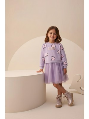 Minipodyum  Pamuk Mevsimlik Uzun Kollu Günlük Kız Çocuk Tüllü Elbise 4-7 Yaş
