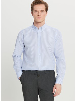 Altınyıldız Classics Tailored Fit Düğmeli Yaka Beyaz - Mavi Erkek Gömlek ACE020261596_BZM
