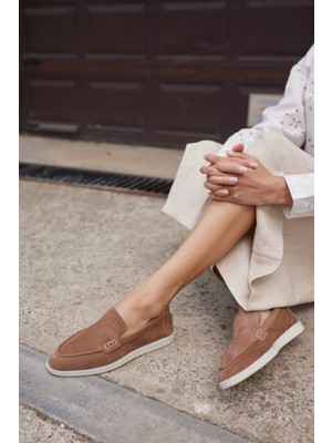 Angelina Jones Amor Kadın Tutun Nude Gercek Suet Loafer Ayakkabı