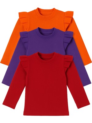 Özge Başaran Kız Çocuk Kız Bebek 3lü Uzun Kollu Ribana Badi Seti 3 Lü Badi Seti Fırfır Detaylı %100 Pamuk