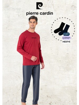 Pierre Cardin Erkek %100 Pamuk Uzun Kollu Lisanslı Bordo Pijama Takımı (2 Adet Hediye Çorap) L1.PC.6095.001