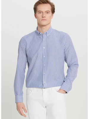 Altınyıldız Classics Tailored Fit Düğmeli Yaka Beyaz - Lacivert Erkek Gömlek ACE020261596_BZL