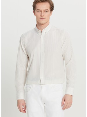 Altınyıldız Classics Tailored Fit Düğmeli Yaka Beyaz - Bej Erkek Gömlek ACE020261596_BJZ