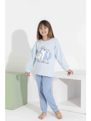 Rapapa Kız Çocuk  Uzun Kollu Pijama Takımı - Sevimli Kedi Desenli 8411 Mavi