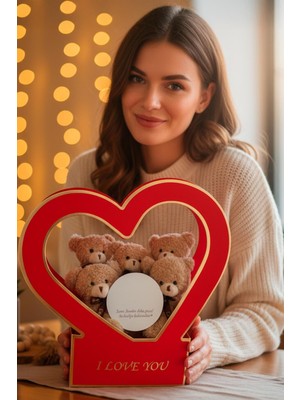Sole Özel Kalpli Kutuda Romantik Mesajlı Aynası ile Boz 5'li Peluş Ayıcık Buleti