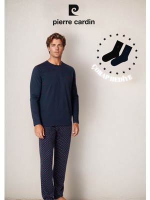 Pierre Cardin Erkek %100 Pamuk Uzun Kol Logo Detaylı & Lisanslı Pijama Takımı (2 Adet Hediye Çorap) L1.PC.6099.001