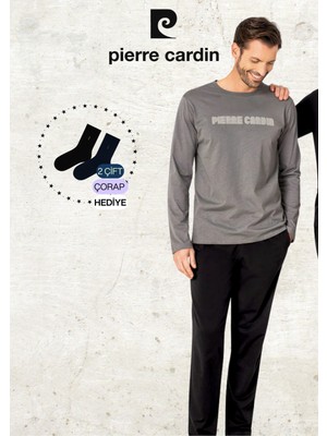Pierre Cardin Erkek Giyim %100 Pamuk Uzun Kollu Koyu Gri Pijama Takımı (2 Adet Hediye Çorap) L1.PC.6093.001