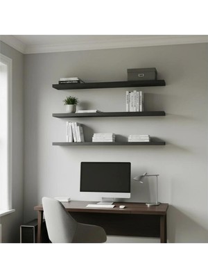 Freehome Premium Mdf Ürün Gizli Montajlı Uçan Raf 100X15 - 3 Adet Antrasit Kitaplık Mutfak Banyo Salon Rafı