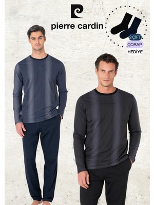 Pierre Cardin Erkek %100 Pamuk Uzun Kol Çizgi Detaylı Lacivert & Siyah Iki Adet Pijama Takımı L1.PC.6105.002