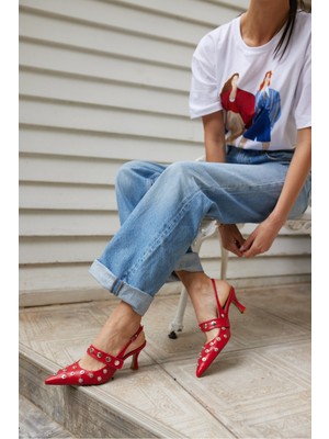 Angelina Jones Yulya Kadın Kırmızı Trok Detay Topuklu Ayakkabi