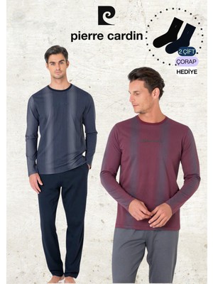 Pierre Cardin Erkek %100 Pamuk Uzun Kol Çizgi Detaylı Lacivert & Bordo Iki Adet Pijama Takımı L1.PC.6105.002