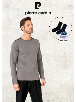 Pierre Cardin Erkek %100 Pamuk Uzun Kollu Logolu Koyu Gri Pijama Takımı (2 Adet Hediye Çorap) L1.PC.6100.001