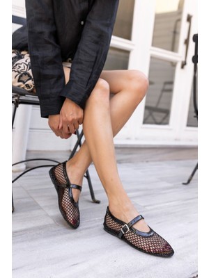 Angelina Jones Alaya Kadın Kahverengi File Detay Babet Suni Deri Düz Tabanlı Rahat Ayakkabı