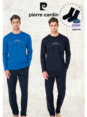 Pierre Cardin Erkek Giyim %100 Pamuk Uzun Kollu Saks Mavi & Lacivert Iki Adet Pijama Takımı L1.PC.6101.002
