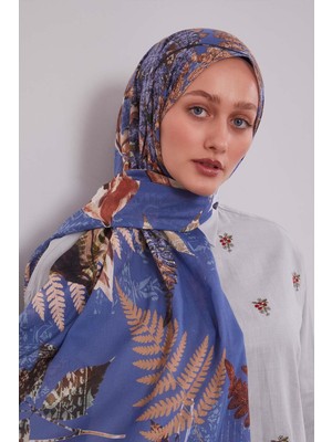 Lêvi D'or Koyu Mavi Yaprak Desen Pamuk Şal