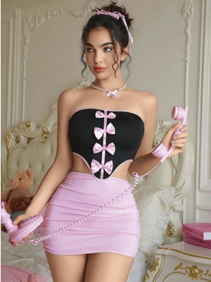 Çamaşır Kenti Kadın Pembe Etekli Fiyonk Detaylı Sexy Kostüm 8010