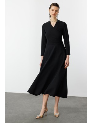 Accort Kruvaze Yaka Uzun Hürrem Elbise-Siyah