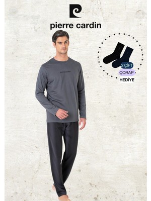 Pierre Cardin Erkek %100 Pamuk Uzun Kollu Lisanslı Füme Pijama Takımı (2 Adet Hediye Çorap) L1.PC.6095.001