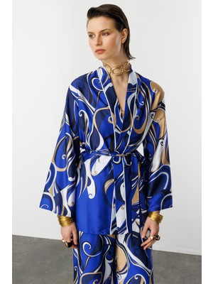 Accort Soyut Desen Saten Gömlek-Sax