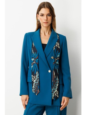 Accort Fular Detaylı Kruvaze Ceket-Petrol