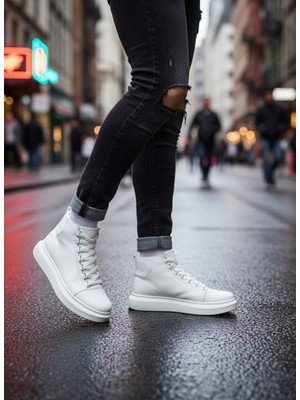 Ebrus Trend ET0713 Bağcıklı Beyaz Yüksek Taban Erkek Tarz Spor Bot