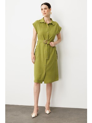 Accort Keten Görünümlü Kuşaklı Elbise-Yeşil