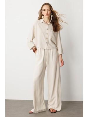 Accort Düğme Detay Keten Görünümlü Gömlek-Taş