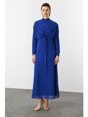 Accort Şal Detaylı Uzun Şifon Elbise-Sax