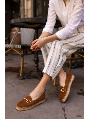 Angelina Jones Nazsa Kadın Kahverengi Süet Tokalı Espadrıl Taban Loafer Ayakkabi