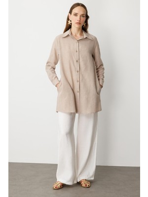 Accort Keten Görünümlü Tunik Gömlek-Taş