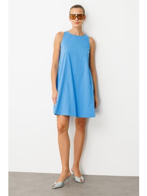 Accort Pamuklu Rahat Kalıp Elbise-Mavi