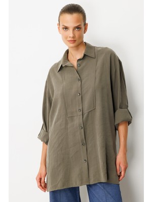 Accort Yırtmaç Detay Modal Gömlek-Haki