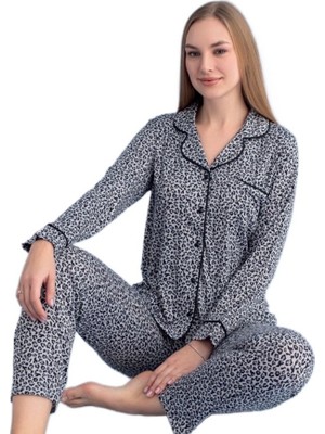 Bipamuk Bianca Notte Leopar Kadın Pijama Takımı Yumuşak Dokulu S/2xl