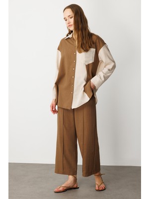 Accort Oversize Keten Görünüm Tunik Gömlek-Kahve
