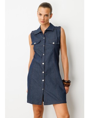 Accort Düğme Detaylı Kot Elbise-Mavi